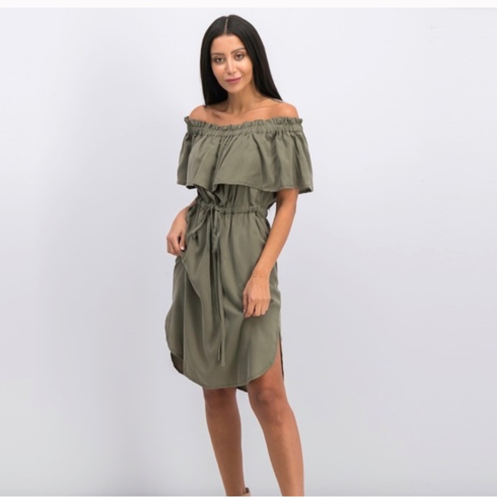 BCBGMaxAzria Olive Green Off-Shoulder Ruffle Dress